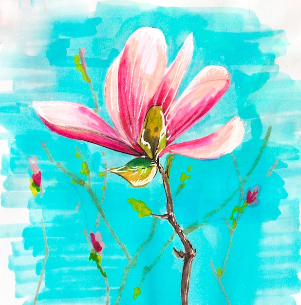 Rysunek magnolii z markerami alkoholu ilustracja magnolii