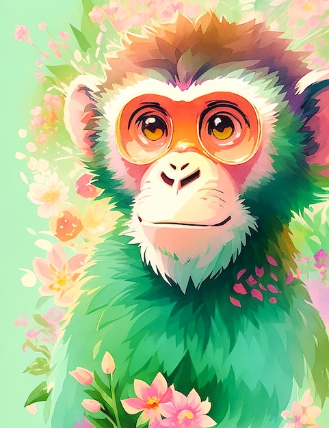 Rysunek małpy z kwiatami wygenerowany przez sztuczną inteligencję