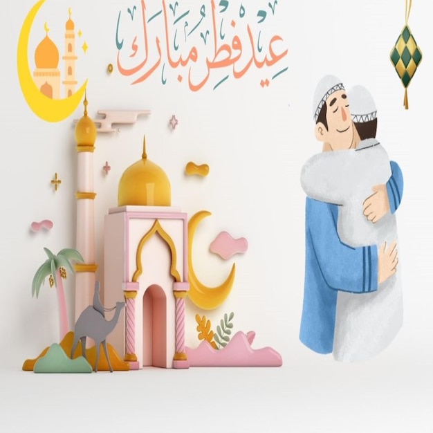 rysunek mężczyzny uściskającego mężczyznę przed meczetem z plakatem Eid Al Fitr