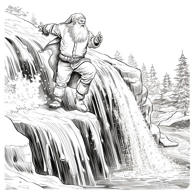 Zdjęcie rysunek mężczyzny w garniturze świętego mikołaja stoi na wodospadzie generatywny ai