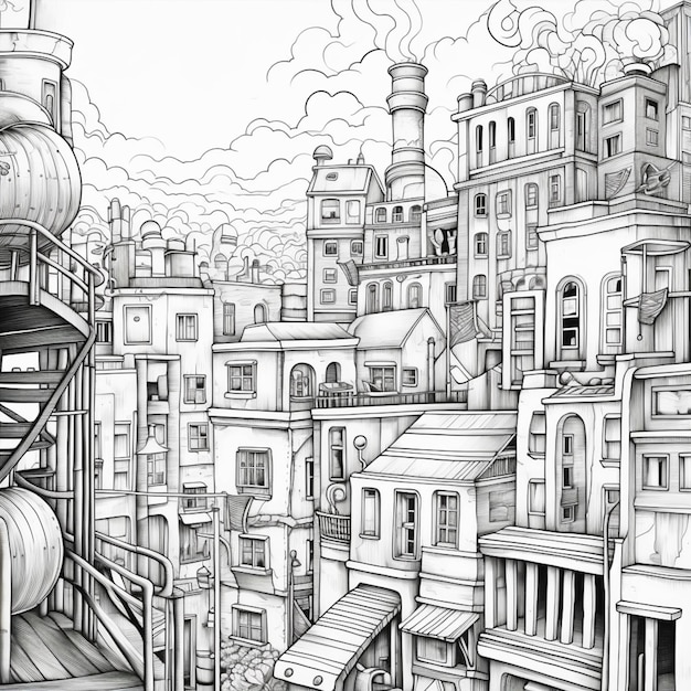 Zdjęcie rysunek miasta z prowadzącymi do niego schodami generatywnymi ai
