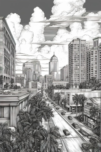 Zdjęcie rysunek miasta z przejeżdżającym pociągiem