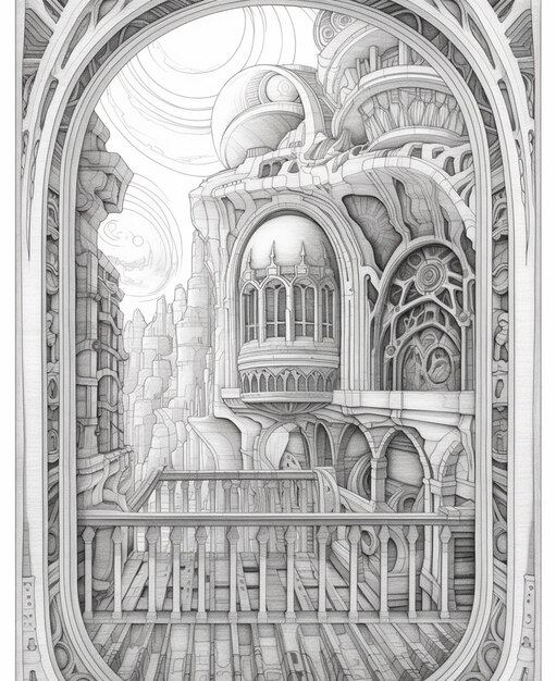 Zdjęcie rysunek miasta z wieżą zegarową i schodami
