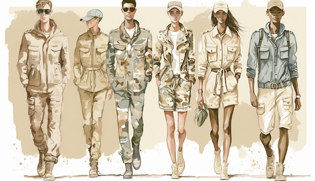 Rysunek modelki w mundurach wojskowych.