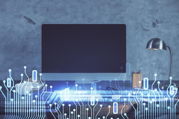 Rysunek na temat technologii i tabela z komputerem Podwójna ekspozycja Koncepcja informacji