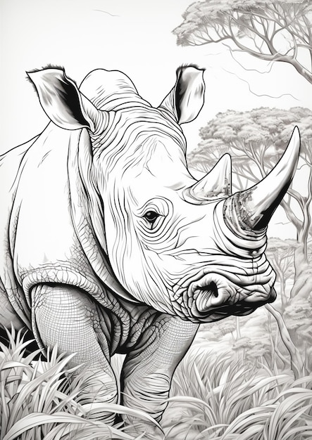 rysunek nosorożca stojącego w trawie z drzewami w tle generatywnej ai