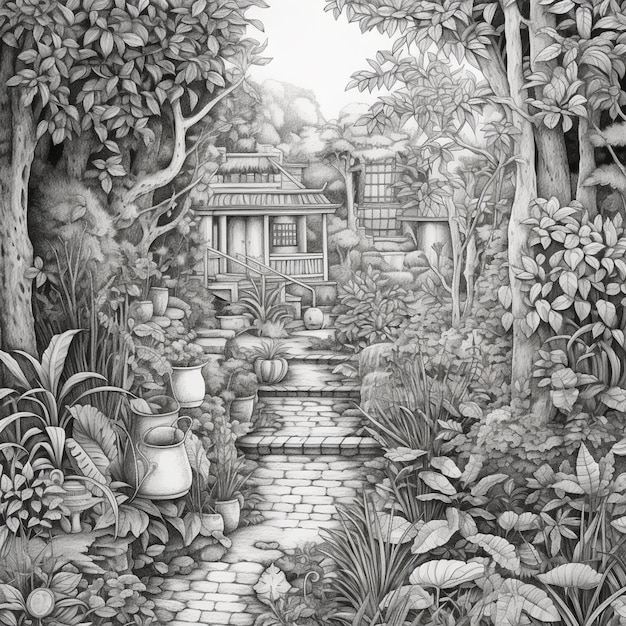 Rysunek ogrodu z domem i ścieżką generatywną ai