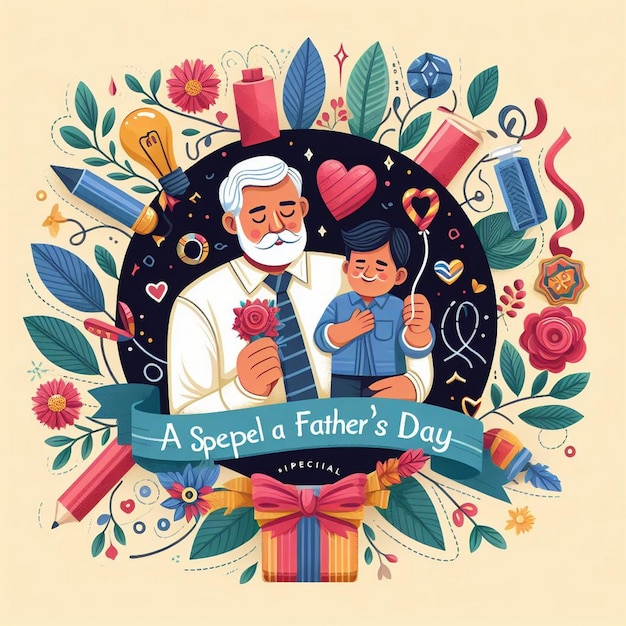 Zdjęcie rysunek ojca i syna trzymających kwiaty w kręgu