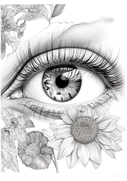 rysunek oka z kwiatami i rysunek oka kobiety.
