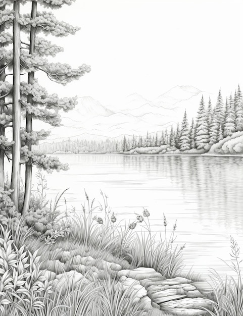Zdjęcie rysunek ołówkiem jeziora z lasem i górą w tle generatywny ai