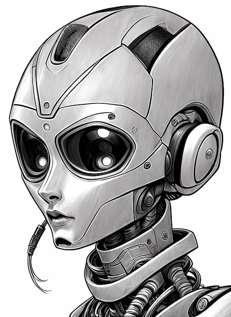 Rysunek ołówkiem portret kobiety-cyborga z metalowymi częściami ciałaSzkic czarno-białyCyfrowy kreatywny rysunek artystyczny projektantaIlustracja AI