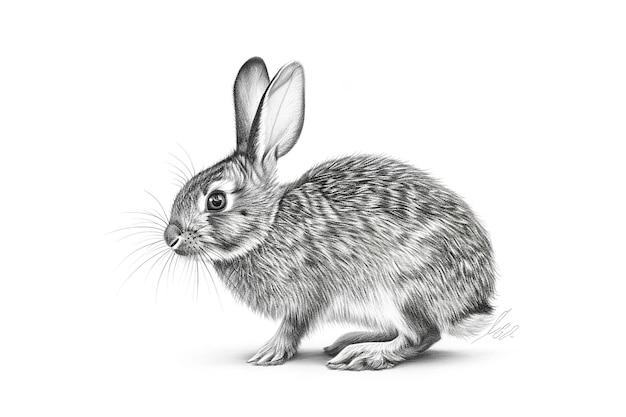 rysunek ołówkiem przedstawiający królika siedzącego na trawie
