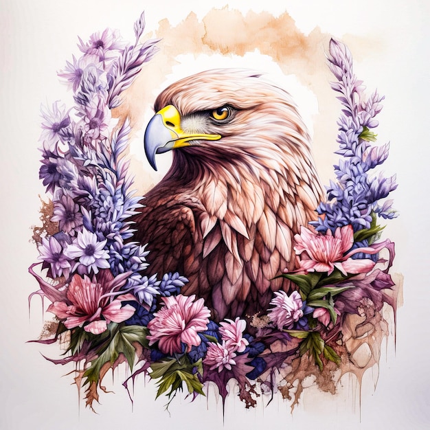 rysunek orła z kwiatami