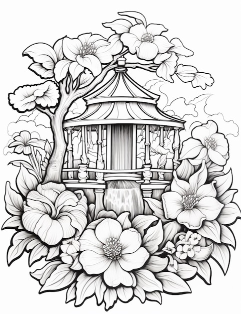rysunek pagody otoczonej kwiatami i drzewami generatywnymi ai