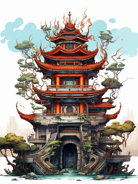 rysunek pagody z budynkiem w tle.