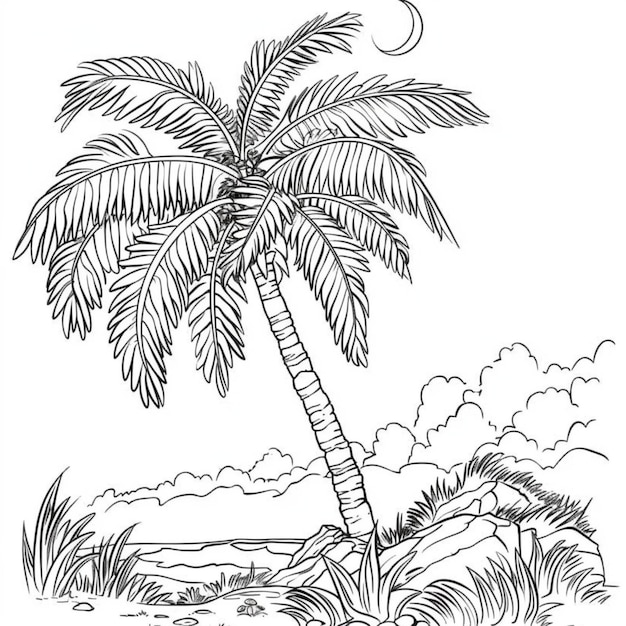 rysunek palmy z księżycem na tle