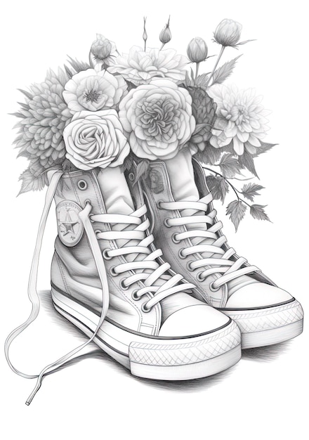 Zdjęcie rysunek pary tenisówek z kwiatami i zdjęcie kwiatów.