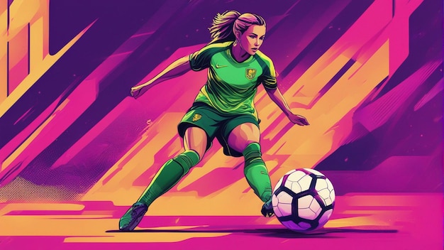 Zdjęcie rysunek piłkarki w zielonej koszuli i szortkach.