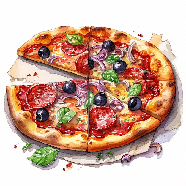 Rysunek pizzy z oliwkami i bazylią.