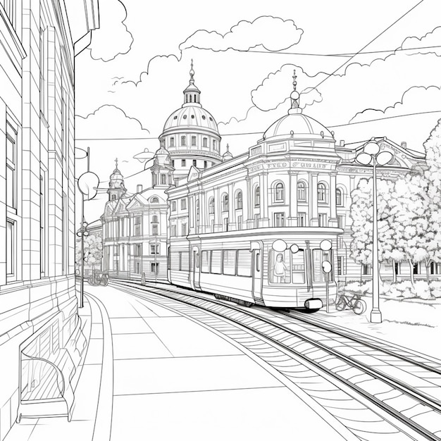 rysunek pociągu podróżującego ulicą obok wysokiego budynku generatywny ai