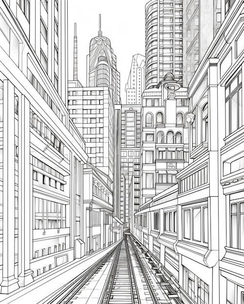 Zdjęcie rysunek pociągu przejeżdżającego przez miasto z wysokimi budynkami generatywny ai