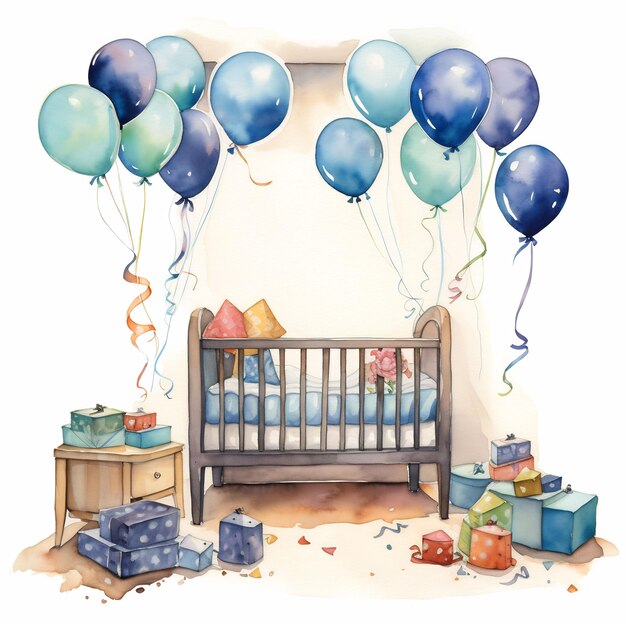 rysunek pokoju dziecięcego z balonami i łóżeczkiem