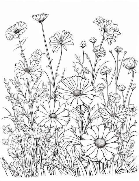 rysunek pola kwiatów z stokrotkami i innymi kwiatami generatywny ai