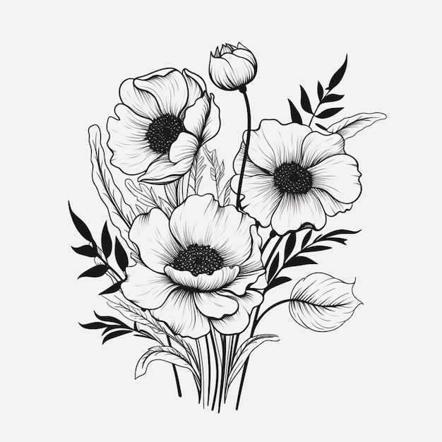 Zdjęcie rysunek przedstawiający bukiet kwiatów z liśćmi na białym tle generatywna ai