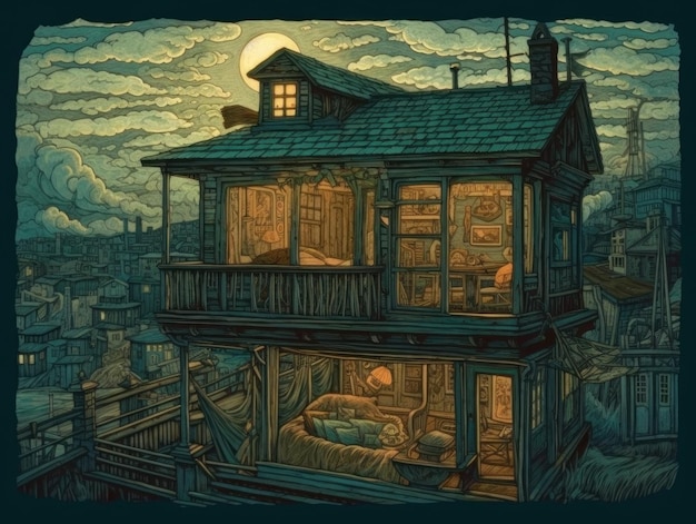 Rysunek przedstawiający dom na przystani z pełnią księżyca w tle
