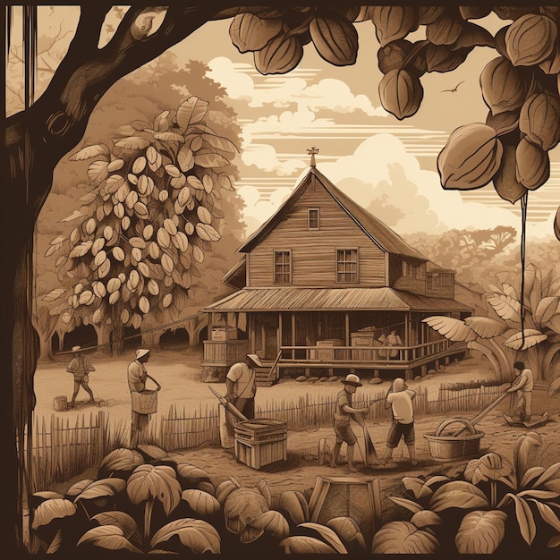 Rysunek przedstawiający dom z drzewem w tle.
