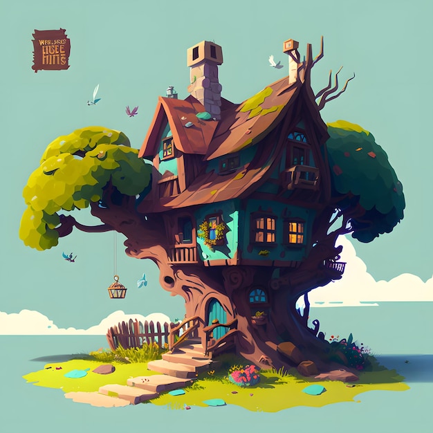 Rysunek przedstawiający domek na drzewie z małym domkiem z przodu
