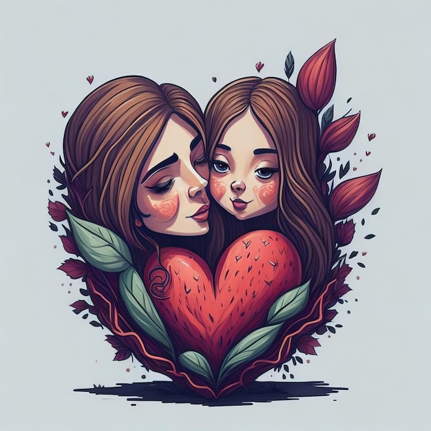 Rysunek przedstawiający dwie kobiety z długimi brązowymi włosami i czerwonym sercem z przodu.