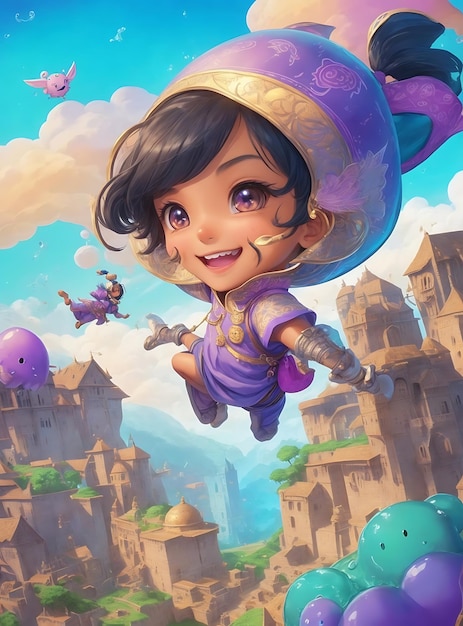 rysunek przedstawiający dziewczynę latającą po niebie w fioletowym kapeluszu.