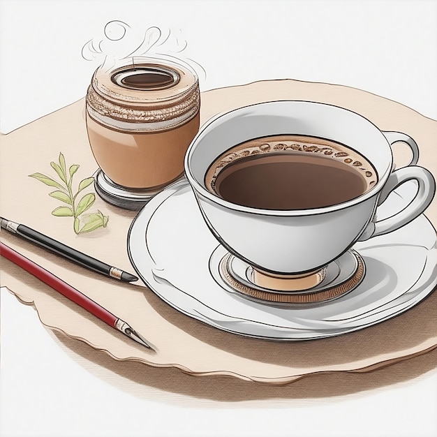Rysunek przedstawiający filiżankę kawy i ołówek na talerzu, aby uczcić szczęśliwy dzień kawy