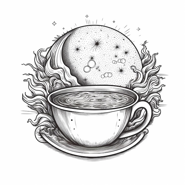 rysunek przedstawiający filiżankę kawy z księżycem w tle generatywną ai