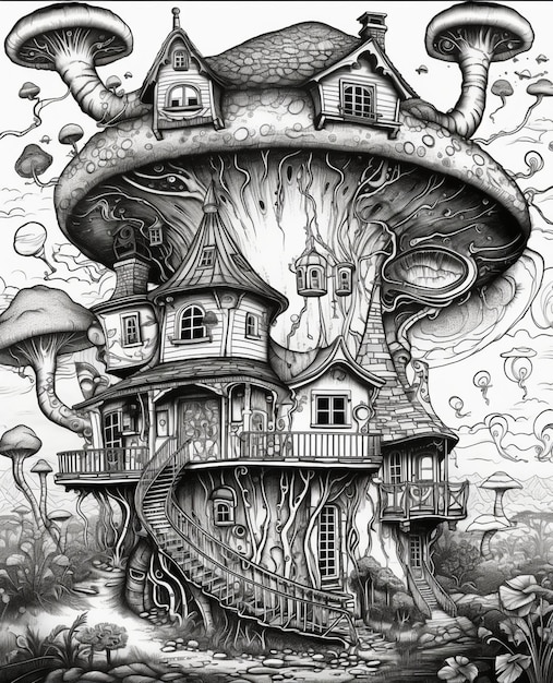 Rysunek przedstawiający grzybowy dom z domem na szczycie.