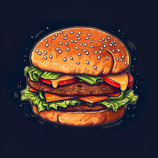 Rysunek przedstawiający hamburgera z sałatą i pomidorem.