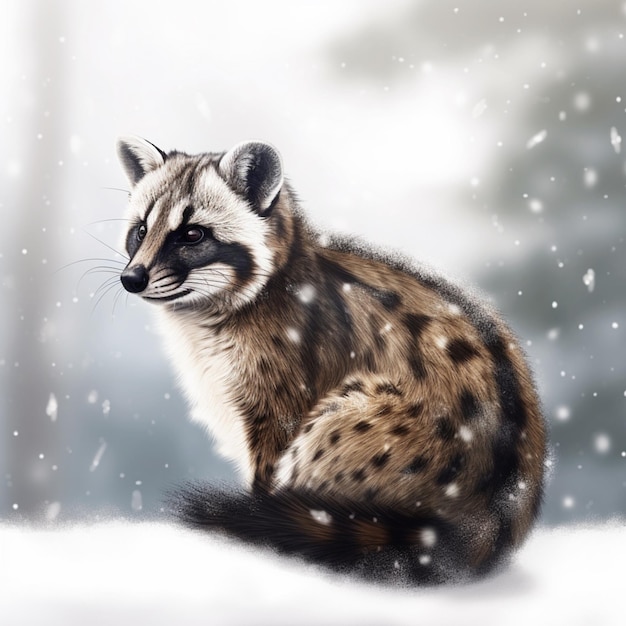Rysunek przedstawiający hienę siedzącą na śniegu.