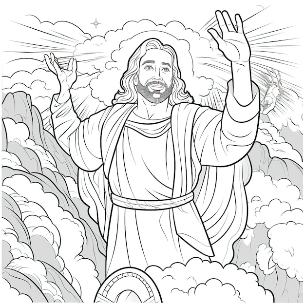 Rysunek przedstawiający Jezusa w chmurach ze świecącym słońcem.