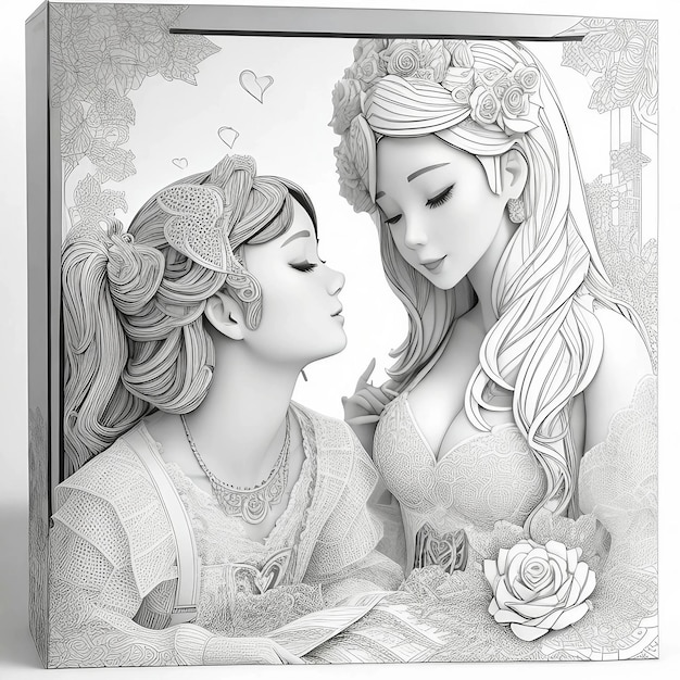 Rysunek przedstawiający kobietę i kobietę z różą na piersi.