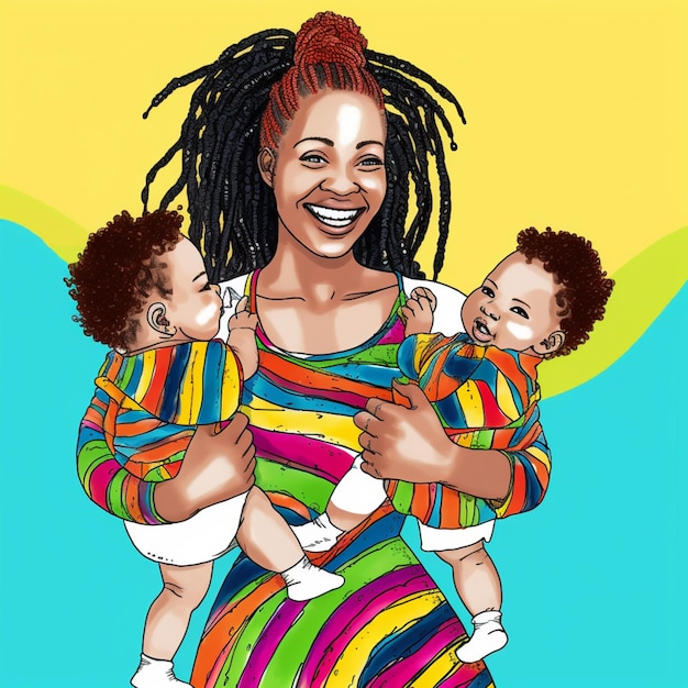 Rysunek przedstawiający kobietę trzymającą dwójkę dzieci.