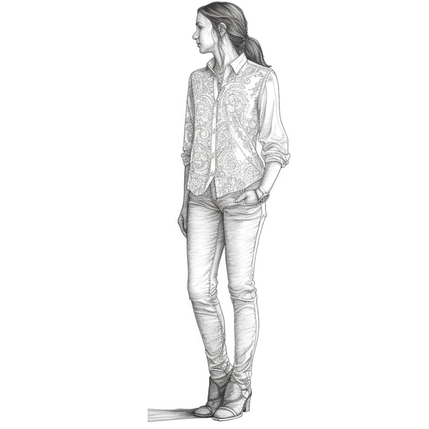 Rysunek przedstawiający kobietę w kamizelce i dżinsach stojącą generatywnie ai