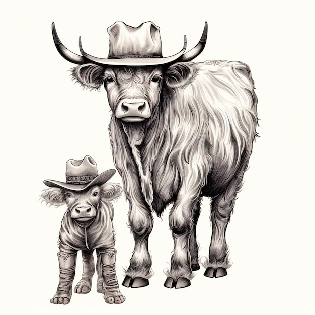 rysunek przedstawiający krowę i małą krowę w kowbojskich kapeluszach generatywną ai