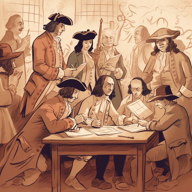 Rysunek przedstawiający ludzi w strojach kolonialnych, z jednym z nich czytającym książkę.