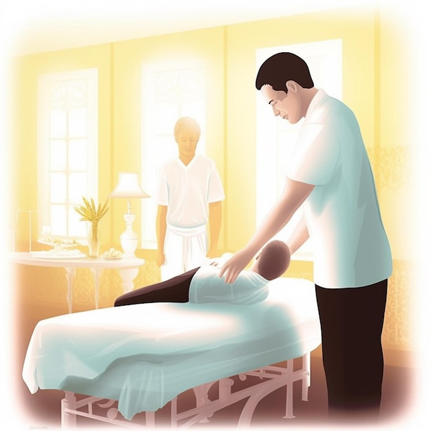 Rysunek przedstawiający masażystę wykonującego masaż pacjentowi.