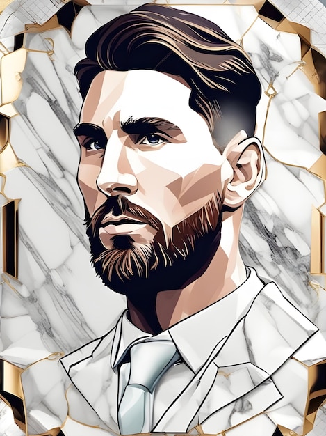 Rysunek przedstawiający mężczyznę z brodą i krawatem Messi