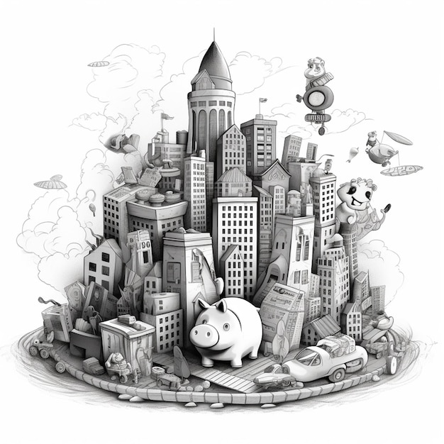 Zdjęcie rysunek przedstawiający miasto ze świnią
