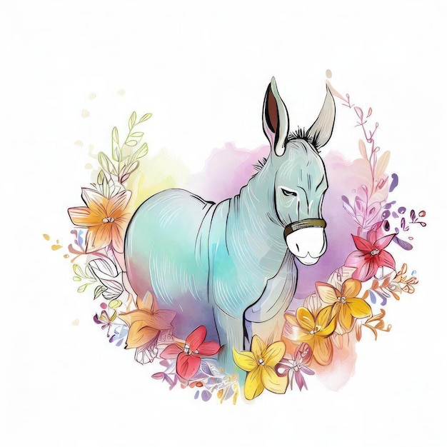 Zdjęcie rysunek przedstawiający niebieskiego osła na kolorowym tle.
