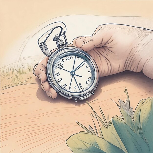 Zdjęcie rysunek przedstawiający osobę trzymającą zegarek kieszonkowy z godziną 4 15