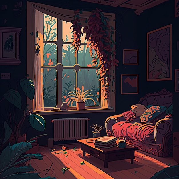 Rysunek przedstawiający pokój z kanapą i stołem z zawieszoną na nim rośliną.